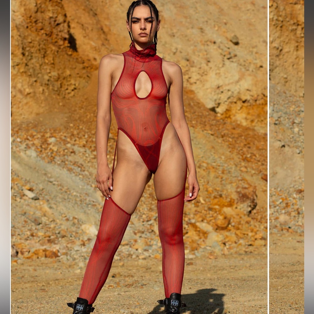 BADINKA Sheer Red High-Neck Bodsuit with Built in Chaps